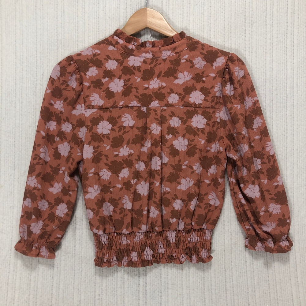 Monteau Los Angeles Floral Print Blouse Smocked Waist Ruffle Trim Copper - Picture 6 of 9